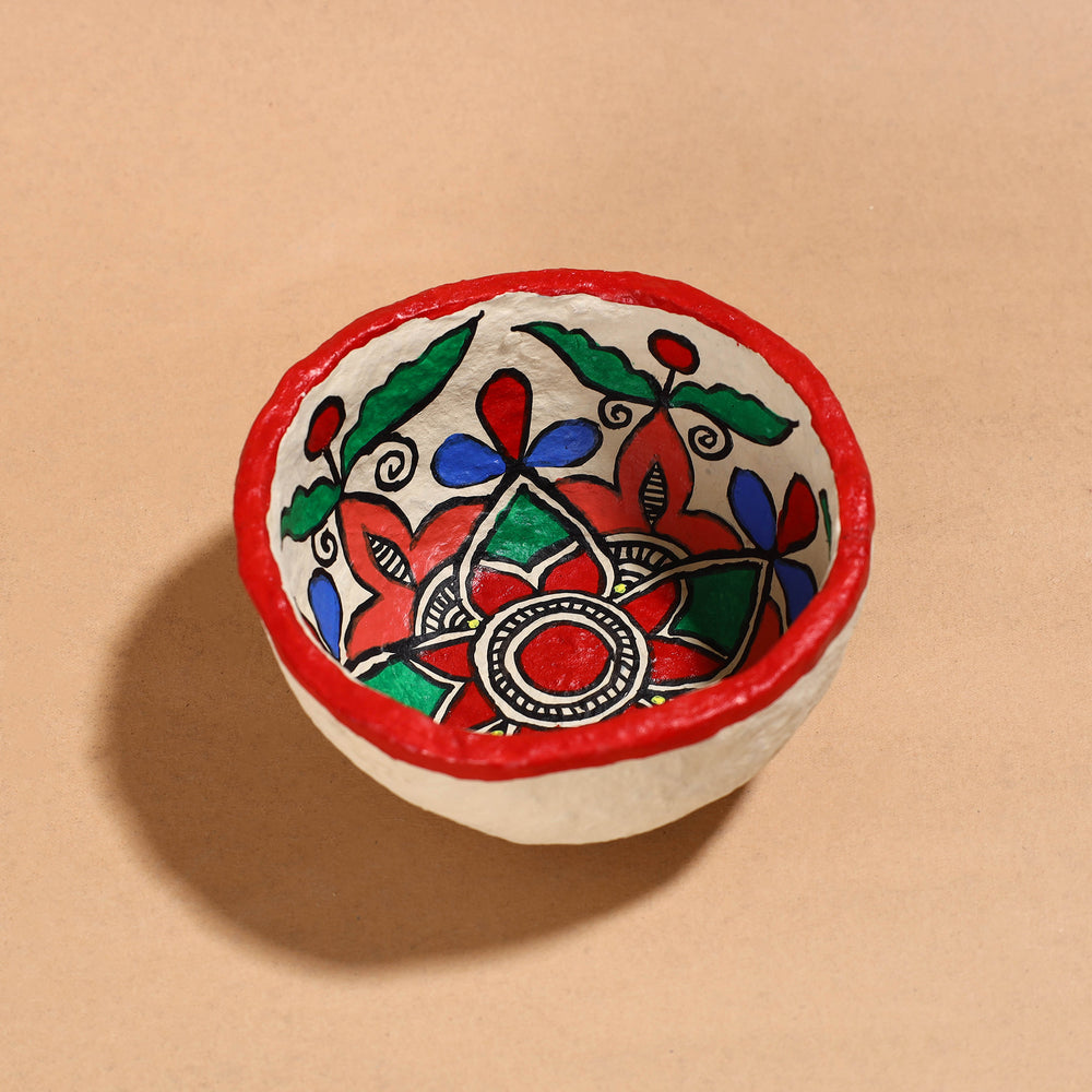 Madhubani Handpainted Paper Mache Home Decor Round Bowl 