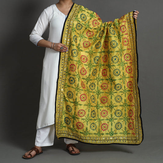 Yellow - Ranihati Chanderi Silk Chapa Work Phulkari Embroidery Dupatta