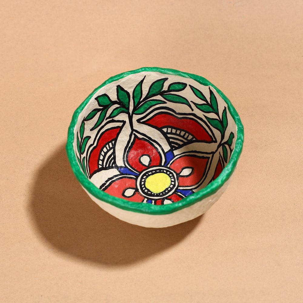 Madhubani Handpainted Paper Mache Home Decor Round Bowl 