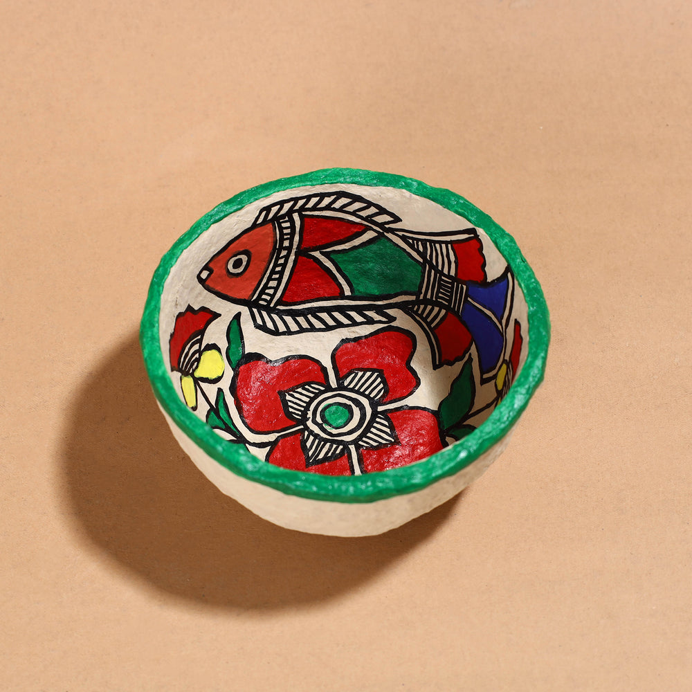 Madhubani Handpainted Paper Mache Home Decor Round Bowl