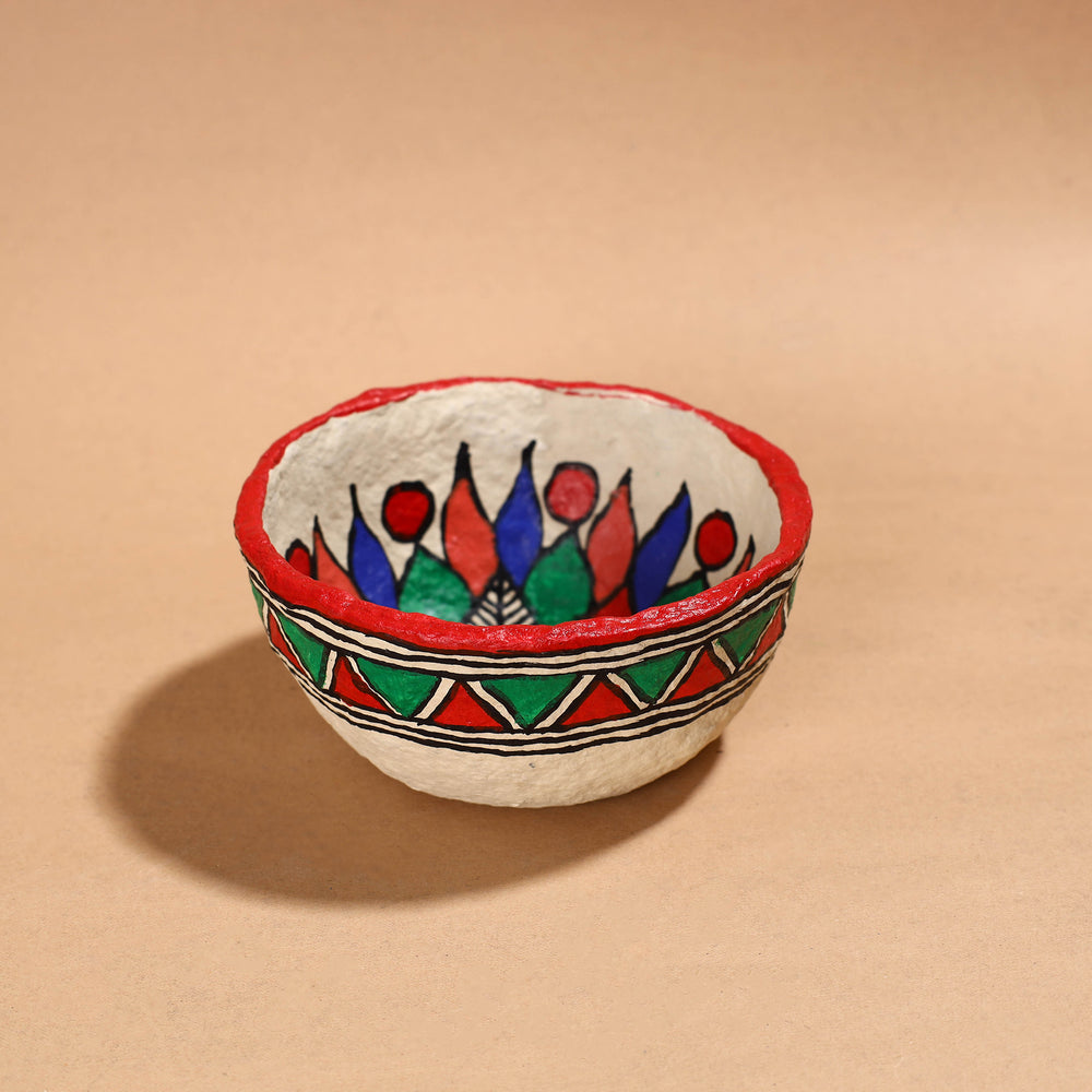 Madhubani Handpainted Paper Mache Home Decor Round Bowl