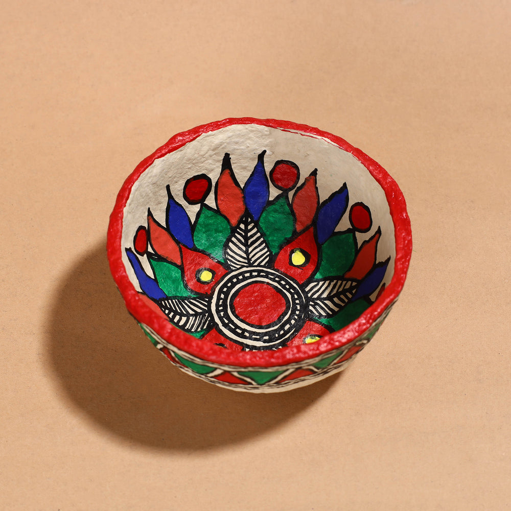 Madhubani Handpainted Paper Mache Home Decor Round Bowl