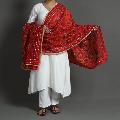 Red - Ranihati Chanderi Silk Chapa Work Phulkari Embroidery Dupatta