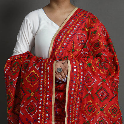 Red - Ranihati Chanderi Silk Chapa Work Phulkari Embroidery Dupatta
