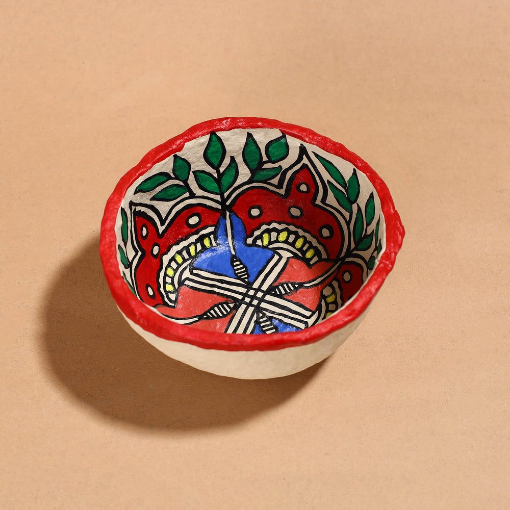 Madhubani Handpainted Paper Mache Home Decor Round Bowl