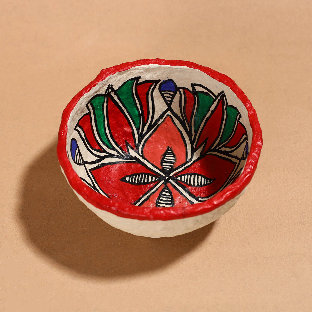 Madhubani Handpainted Paper Mache Home Decor Round Bowl