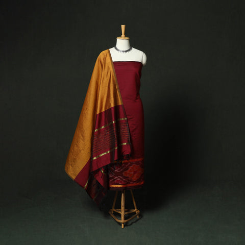 Red - Pochampally Ikat Silk Cotton 3pc Unstitched Dress Material Suit Set 10