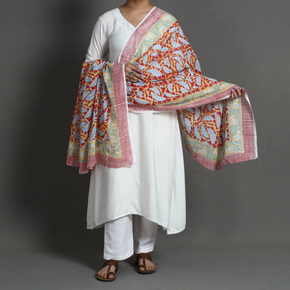 Brown - Sanganeri Block Printed Cotton Dupatta/Wrap Sarong Pareo/Beach Wear