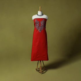Red - Hand Embroidered Cotton Kashida 2pc Unstitched Dress Material Kurta Set 28