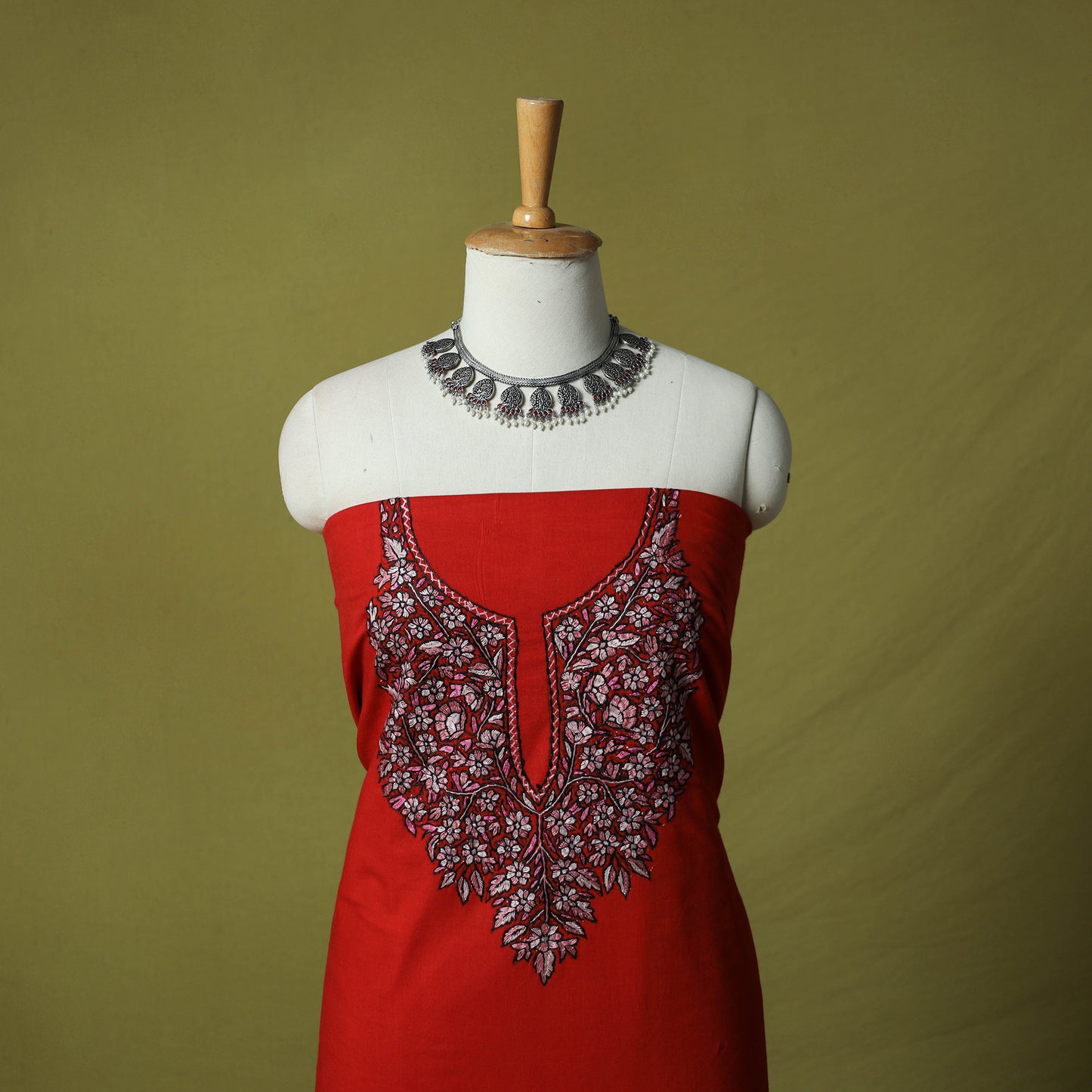 Red - Hand Embroidered Cotton Kashida 2pc Unstitched Dress Material Kurta Set 28