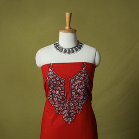 Red - Hand Embroidered Cotton Kashida 2pc Unstitched Dress Material Kurta Set 28