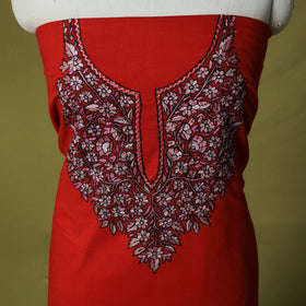 Red - Hand Embroidered Cotton Kashida 2pc Unstitched Dress Material Kurta Set 28