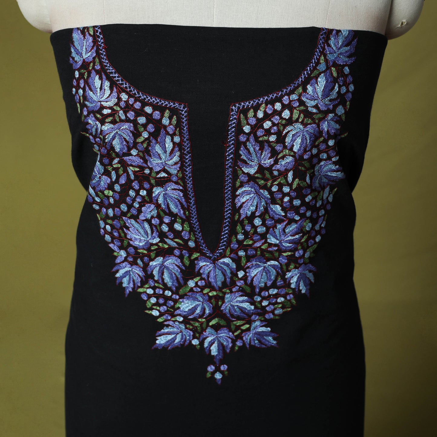Black - Hand Embroidered Cotton Kashida 2pc Unstitched Dress Material Kurta Set 29