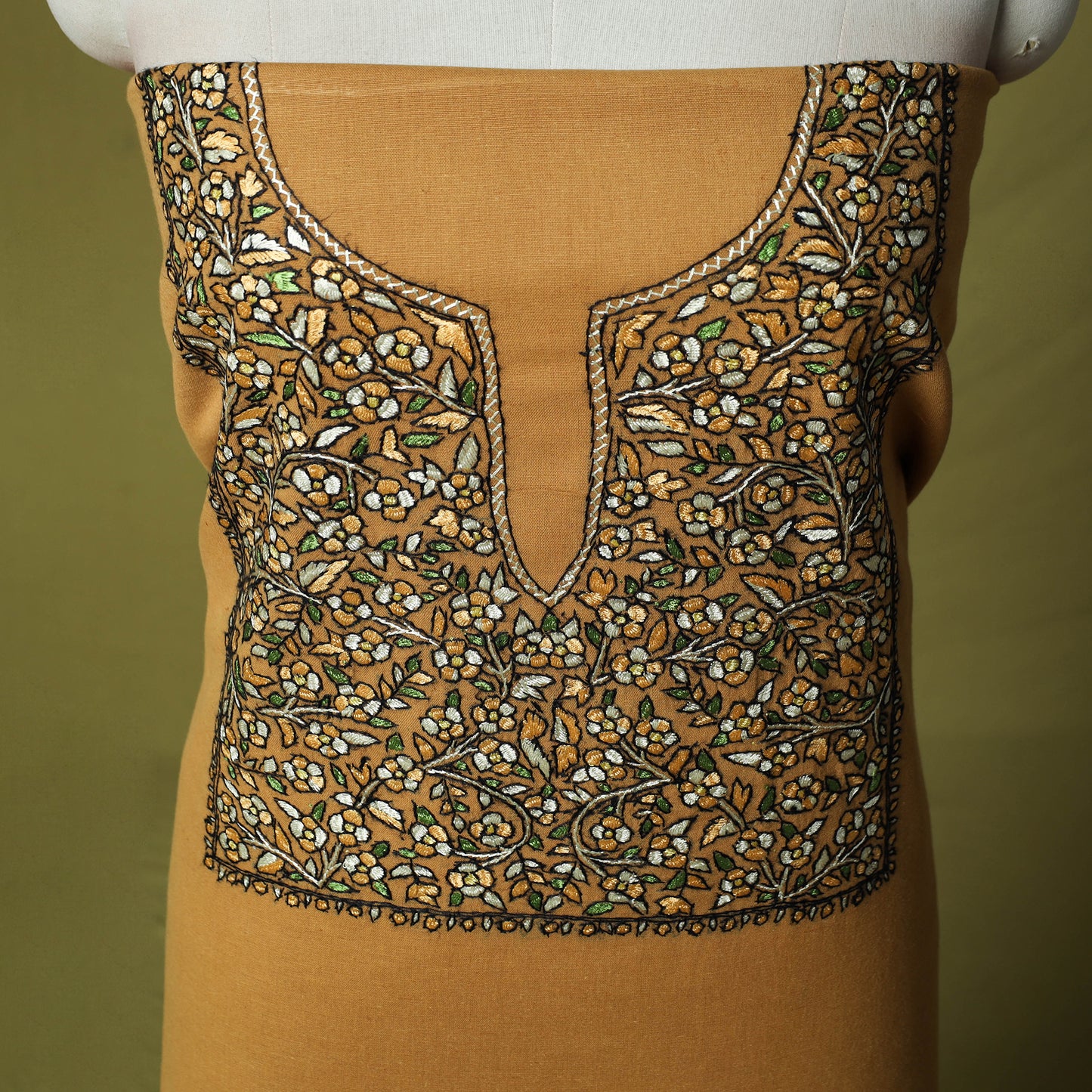 Yellow - Hand Embroidered Cotton Kashida 2pc Unstitched Dress Material Kurta Set 30