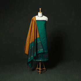 Green - Pochampally Ikat Silk Cotton 3pc Unstitched Dress Material Suit Set 15