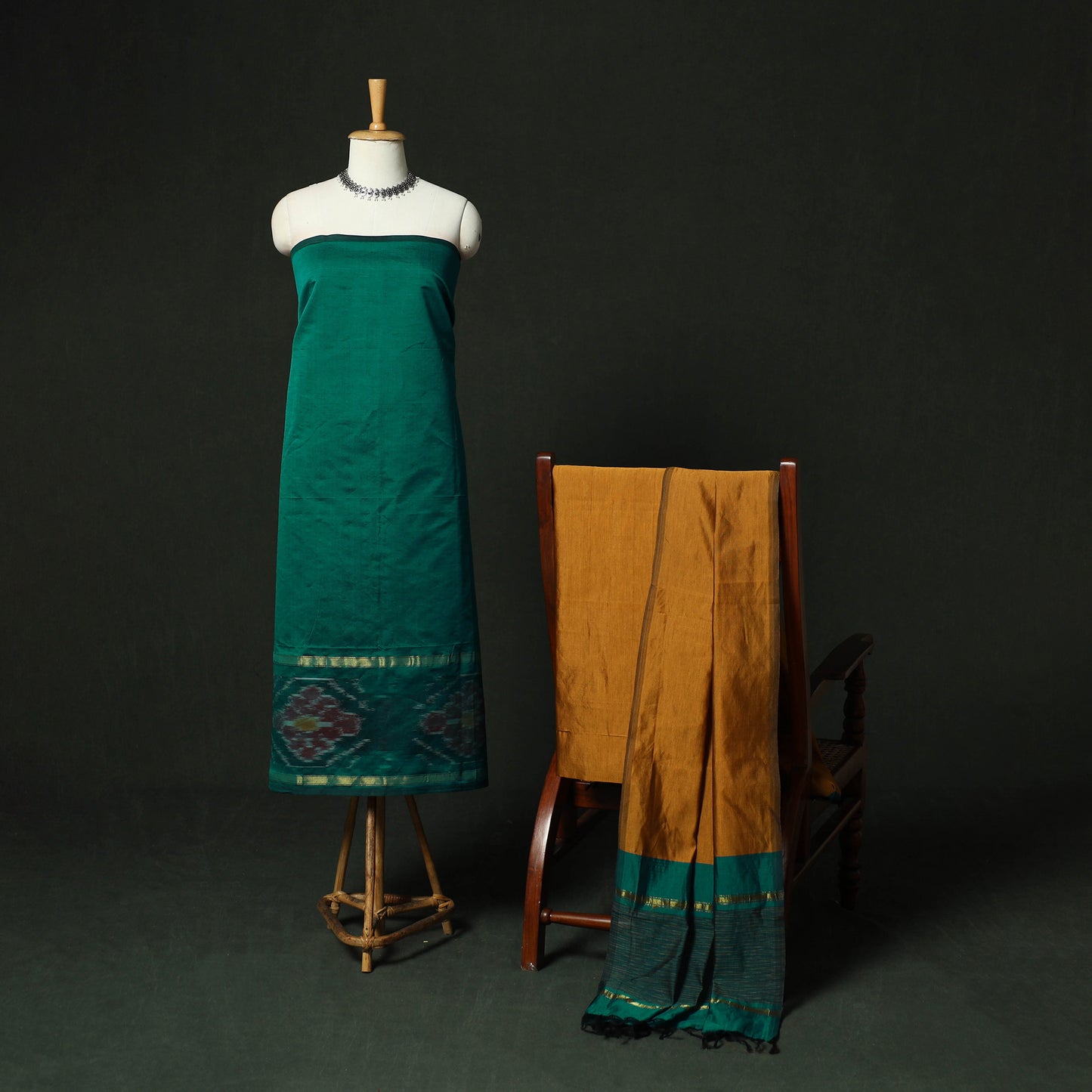 Green - Pochampally Ikat Silk Cotton 3pc Unstitched Dress Material Suit Set 15