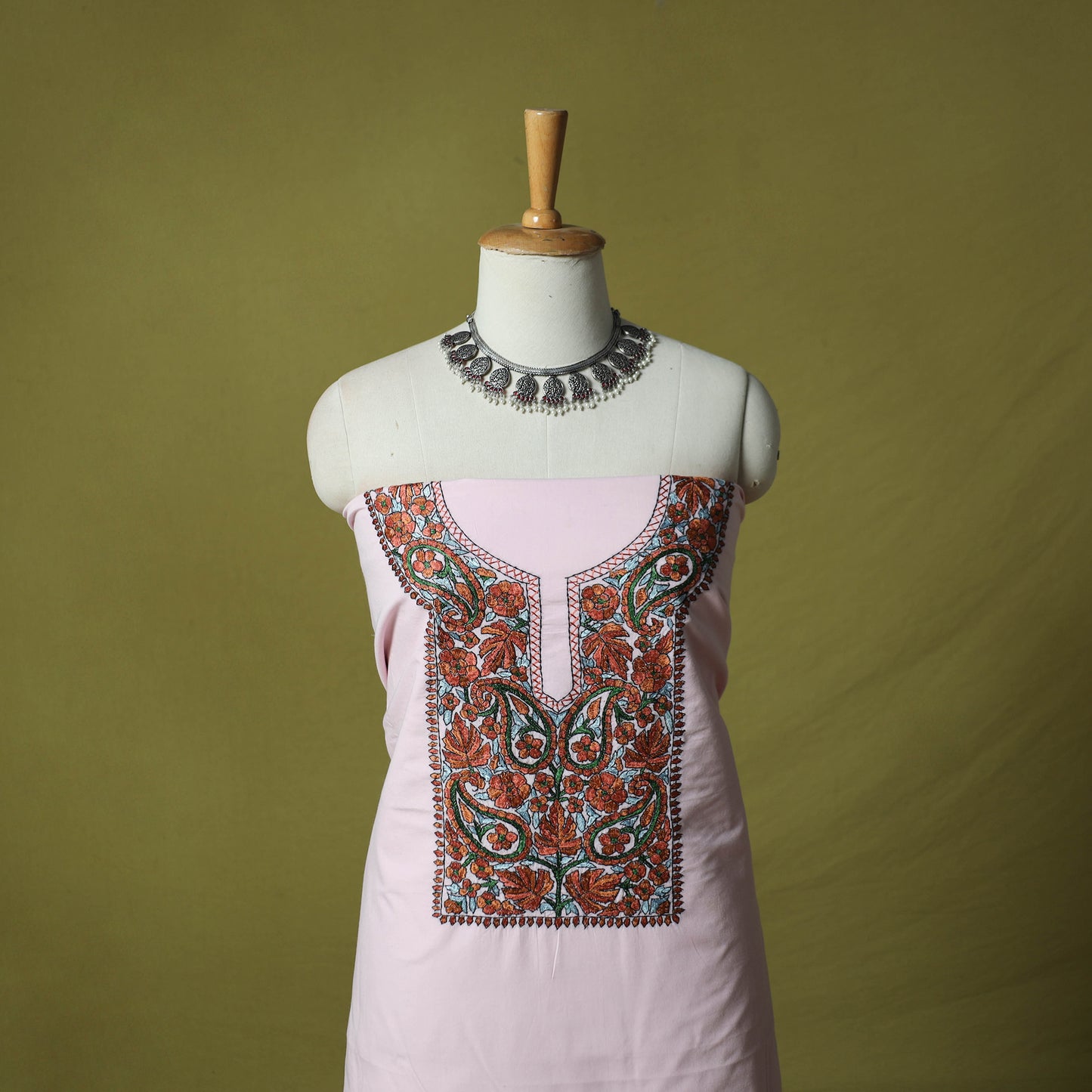 Pink - Hand Embroidered Cotton Kashida 2pc Unstitched Dress Material Kurta Set 34