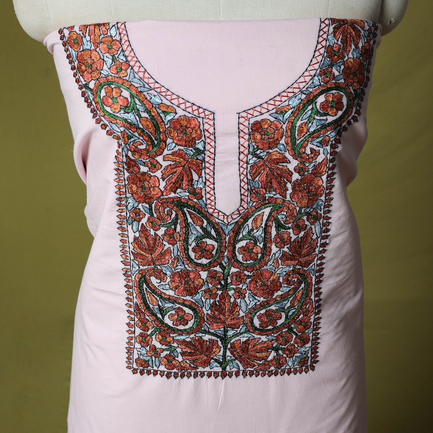 Pink - Hand Embroidered Cotton Kashida 2pc Unstitched Dress Material Kurta Set 34