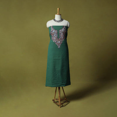 Green - Hand Embroidered Cotton Kashida 2pc Unstitched Dress Material Kurta Set 35