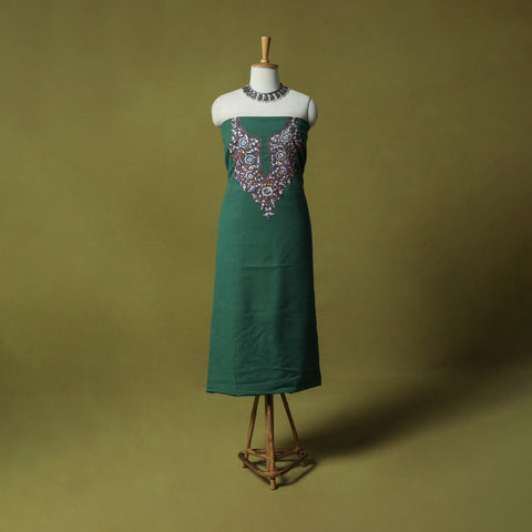 Green - Hand Embroidered Cotton Kashida 2pc Unstitched Dress Material Kurta Set 35