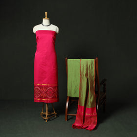 Pink - Pochampally Ikat Silk Cotton 3pc Unstitched Dress Material Suit Set 17