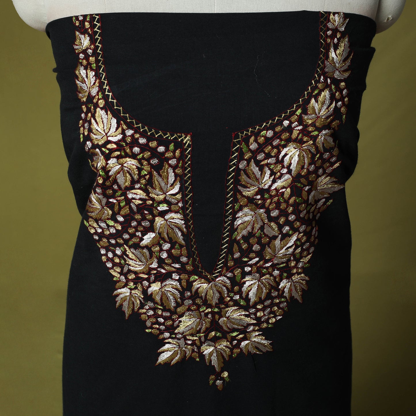 Black - Hand Embroidered Cotton Kashida 2pc Unstitched Dress Material Kurta Set 36