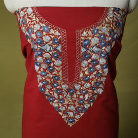 Red - Hand Embroidered Cotton Kashida 2pc Unstitched Dress Material Kurta Set 37