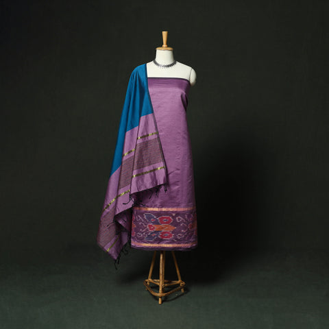 Purple - Pochampally Ikat Silk Cotton 3pc Unstitched Dress Material Suit Set 19