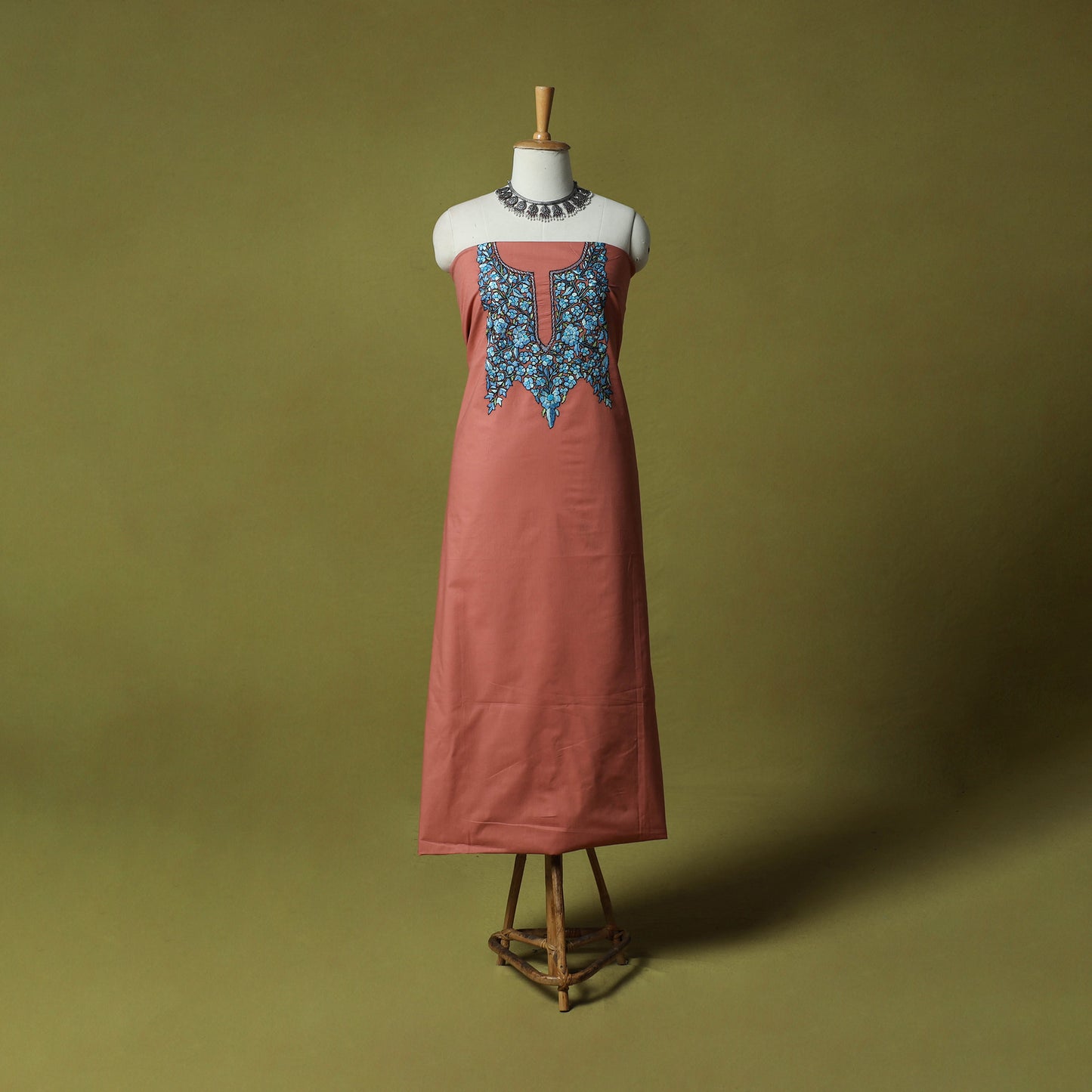 Peach - Hand Embroidered Cotton Kashida 2pc Unstitched Dress Material Kurta Set 38