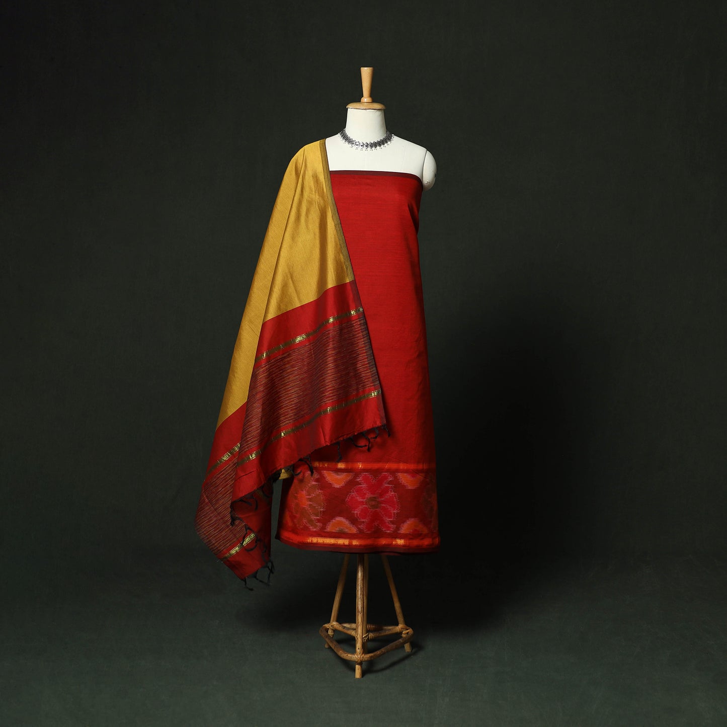 Red - Pochampally Ikat Silk Cotton 3pc Unstitched Dress Material Suit Set 21