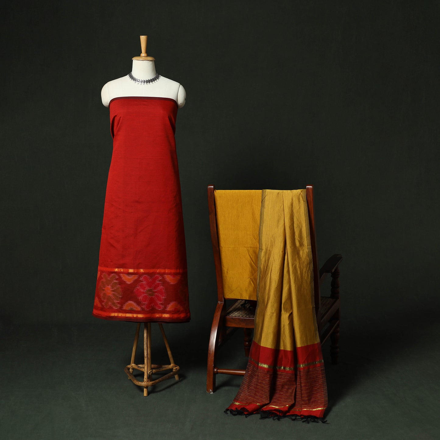 Red - Pochampally Ikat Silk Cotton 3pc Unstitched Dress Material Suit Set 21