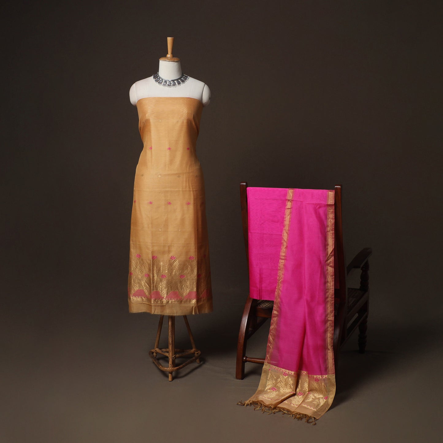 Beige - 3pc Handloom Silk Cotton Zari Work Unstitched Dress Material Suit Set 01