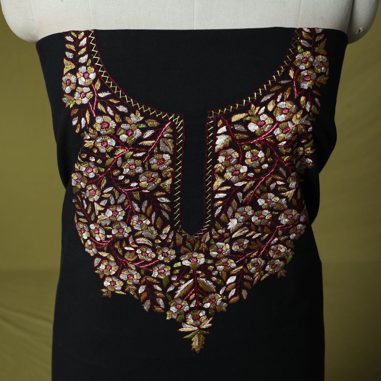 Black - Hand Embroidered Cotton Kashida 2pc Unstitched Dress Material Kurta Set 40