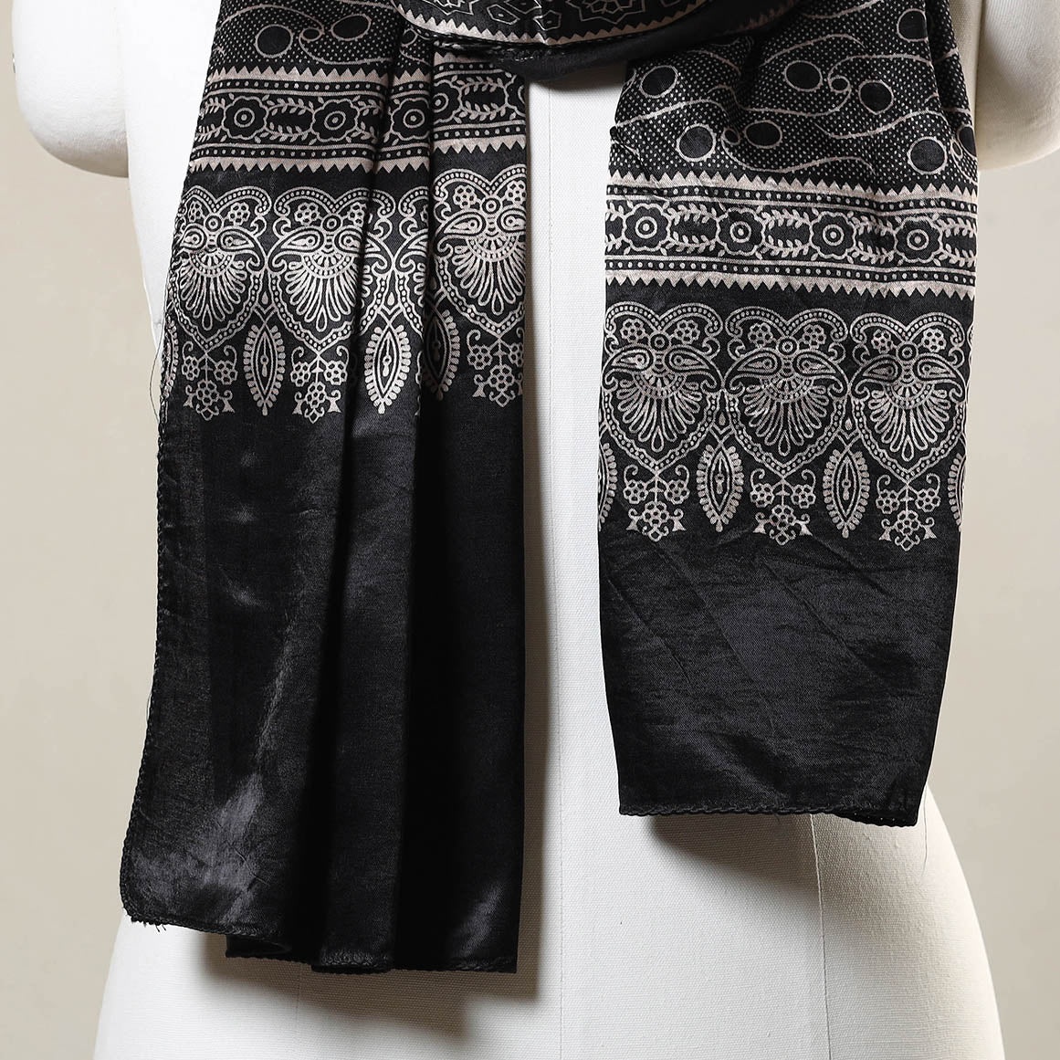 Black - Ajrakh Printed Mashru Silk Stole