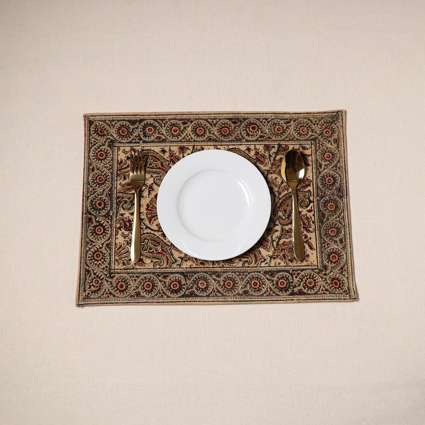 Beige - natural dyed pedana kalamkari cotton table mat 09