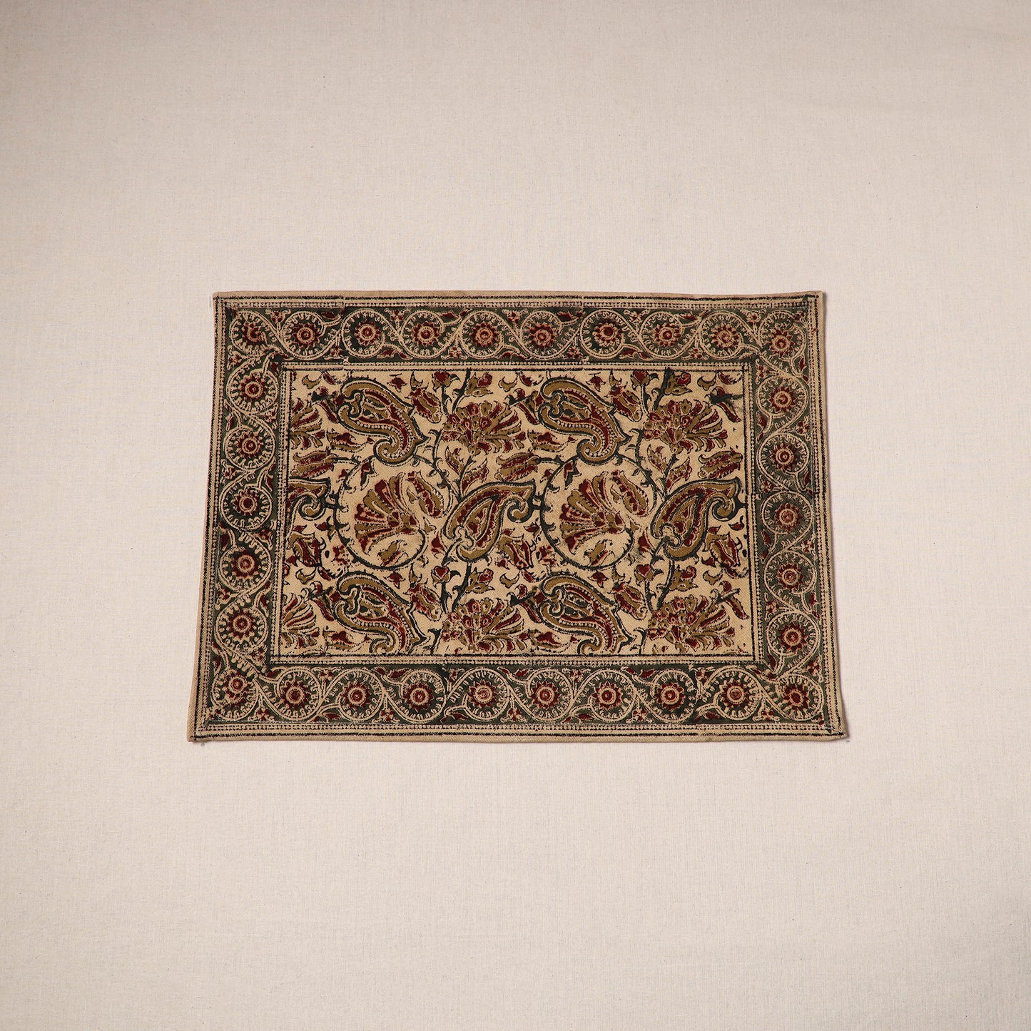 Beige - natural dyed pedana kalamkari cotton table mat 09