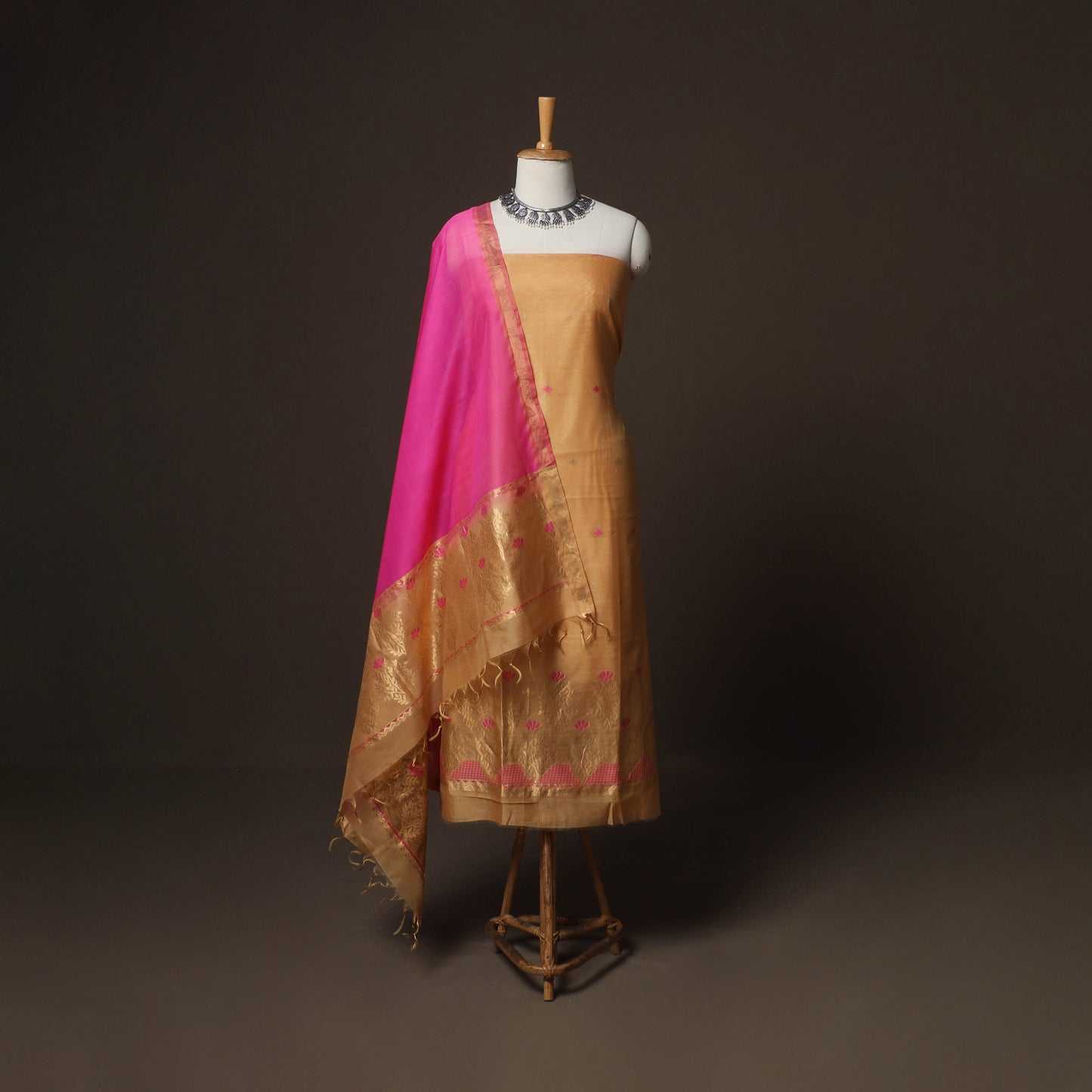 Beige - 3pc Handloom Silk Cotton Zari Work Unstitched Dress Material Suit Set 01