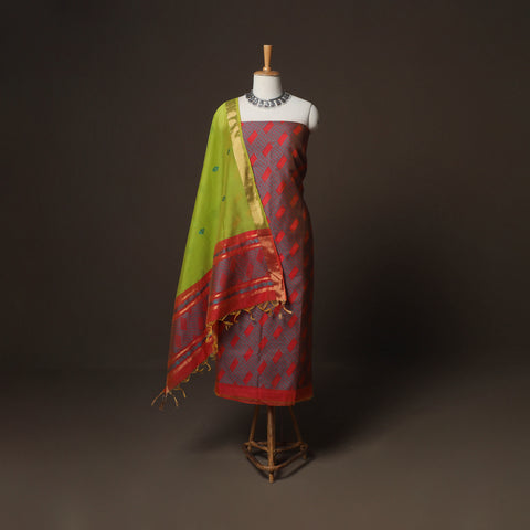 Maroon - 3pc Handloom Silk Cotton Unstitched Dress Material Suit Set 02