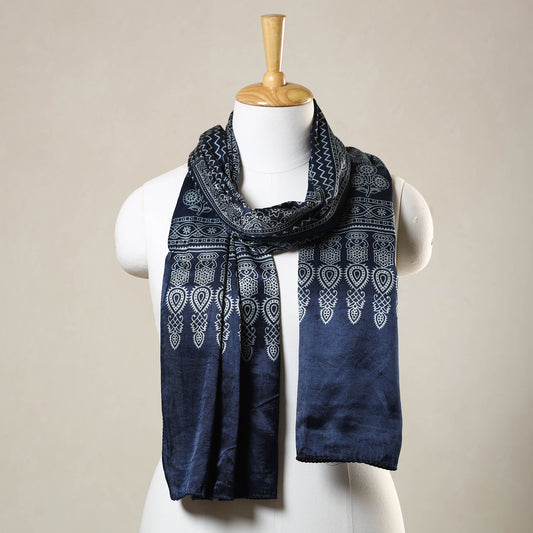 Blue - Ajrakh Printed Mashru Silk Stole