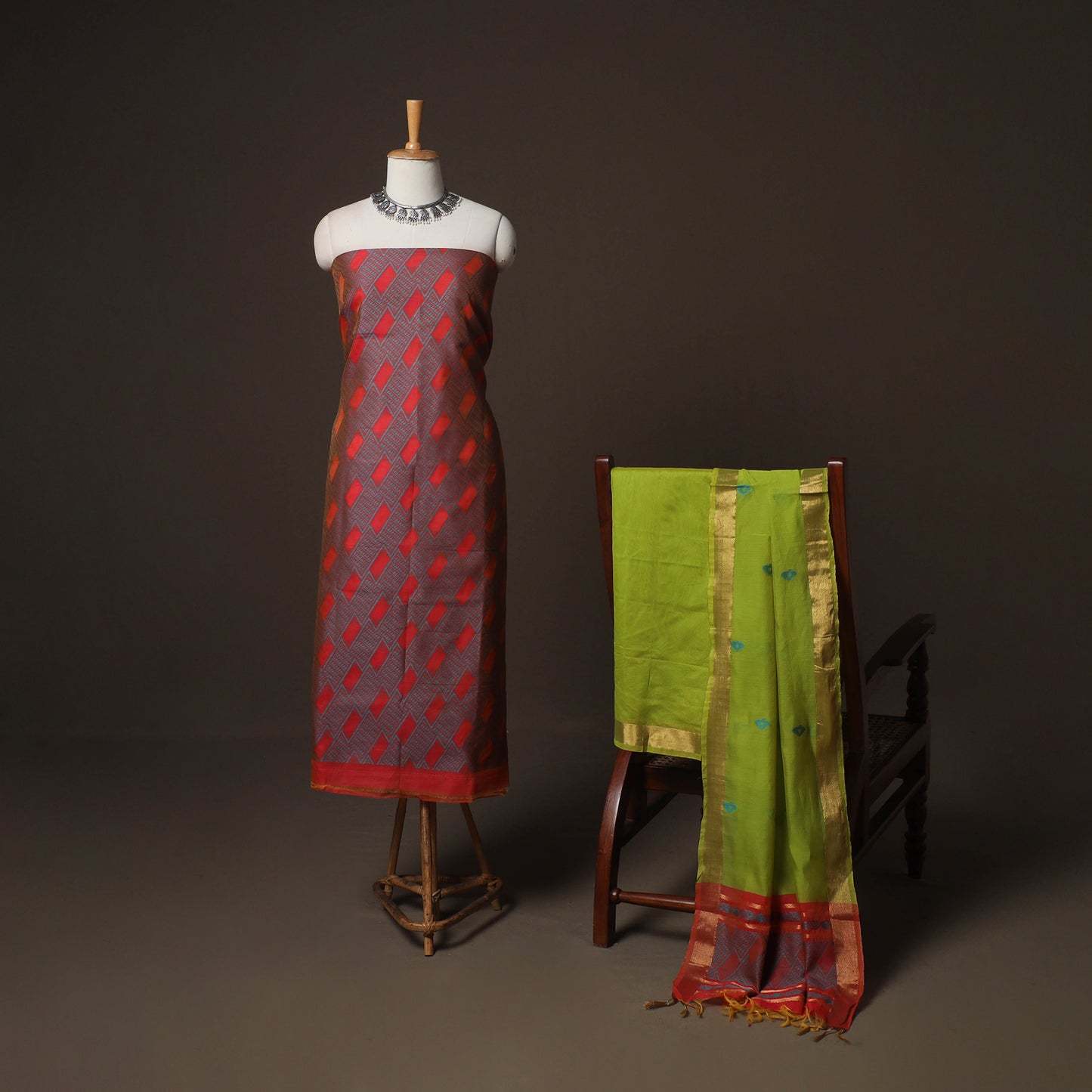 Maroon - 3pc Handloom Silk Cotton Unstitched Dress Material Suit Set 02