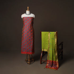 Maroon - 3pc Handloom Silk Cotton Unstitched Dress Material Suit Set 02