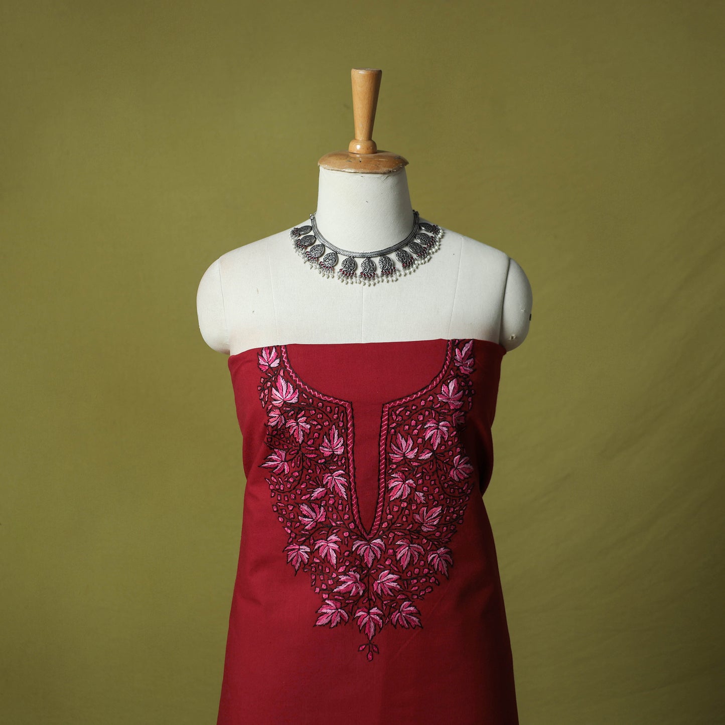 Red - Hand Embroidered Cotton Kashida 2pc Unstitched Dress Material Kurta Set 42
