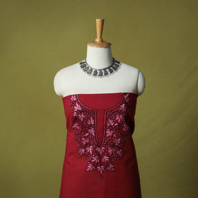 Red - Hand Embroidered Cotton Kashida 2pc Unstitched Dress Material Kurta Set 42