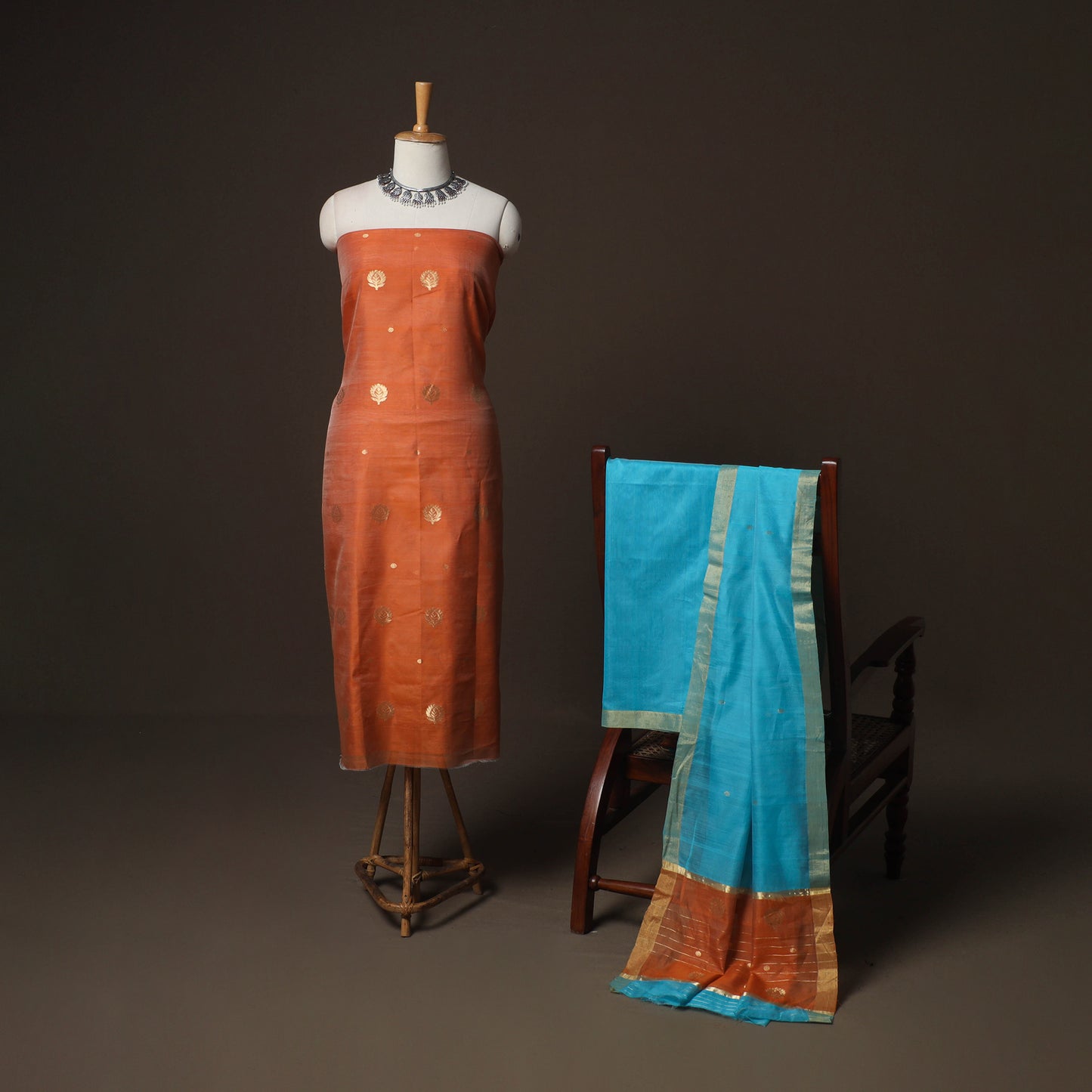 Orange - Chanderi Silk Handloom Zari Buti 3pc Unstitched Dress Material Suit Set 03