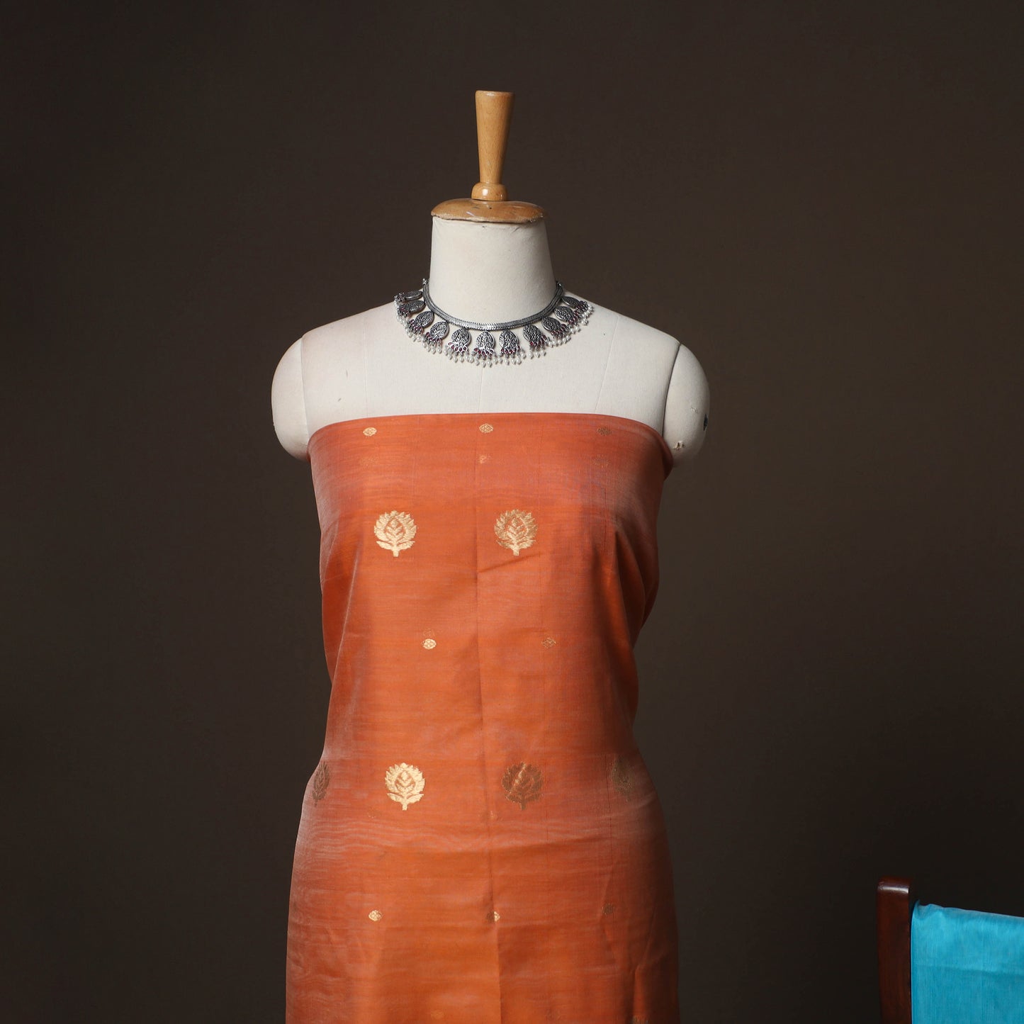 Orange - Chanderi Silk Handloom Zari Buti 3pc Unstitched Dress Material Suit Set 03
