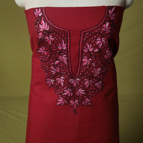 Red - Hand Embroidered Cotton Kashida 2pc Unstitched Dress Material Kurta Set 42