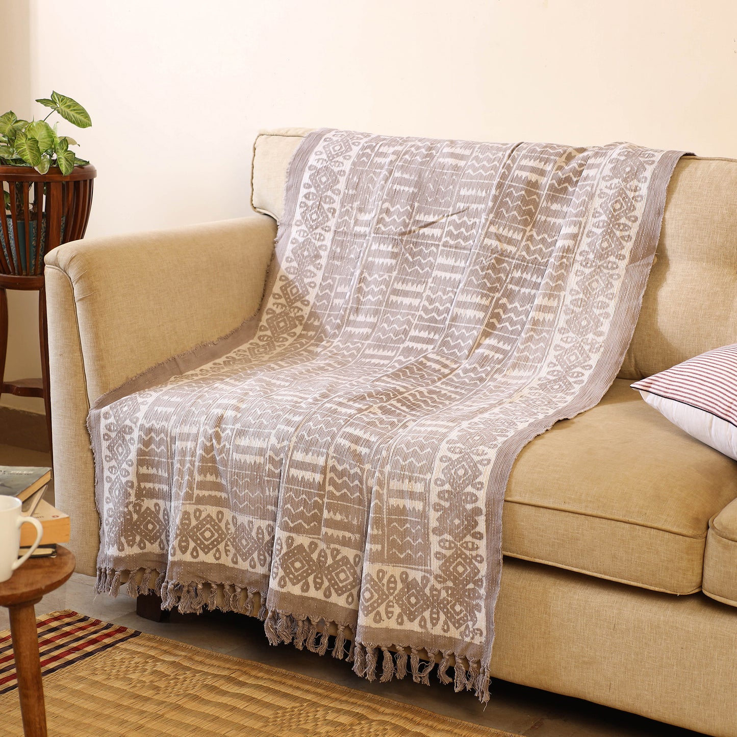 Brown Handloom Jaipur Block Print Cotton Sofa Throw