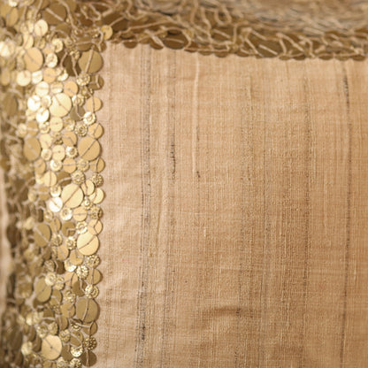 Brown - Aari Embroidery Sequin Work Mercerised Ghicha Silk Cushion Cover (16 x 16 in)