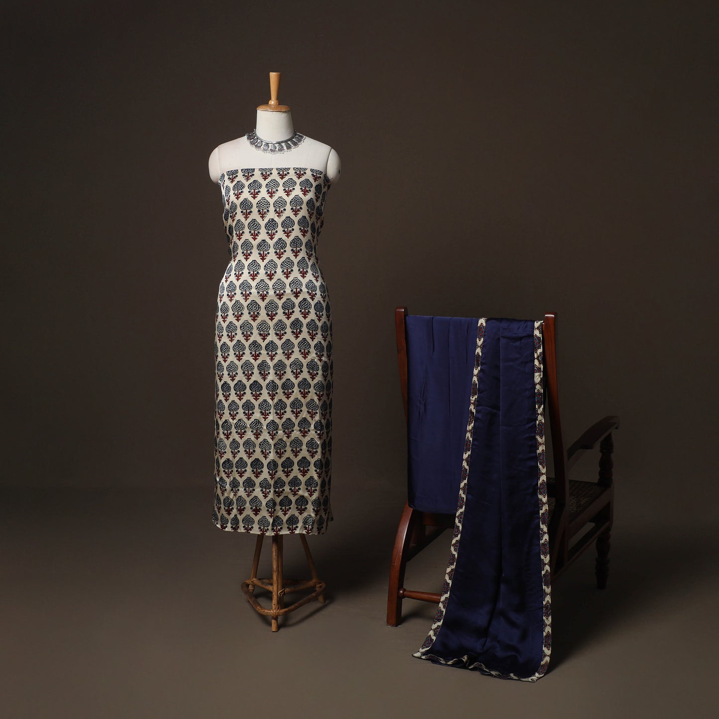 Beige - Ajrakh Block Print 3pc Natural Dyed Modal Silk Unstitched Dress Material Suit Set 07