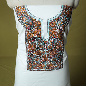 White - Hand Embroidered Cotton Kashida 2pc Unstitched Dress Material Kurta Set 43
